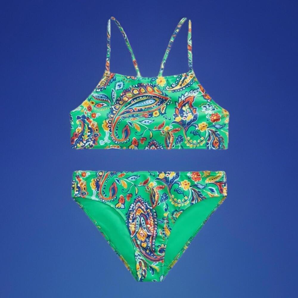 Polo Ralph Lauren Paisley-Print  2-Piece Swimsuit LGirls Green Multi Size 14